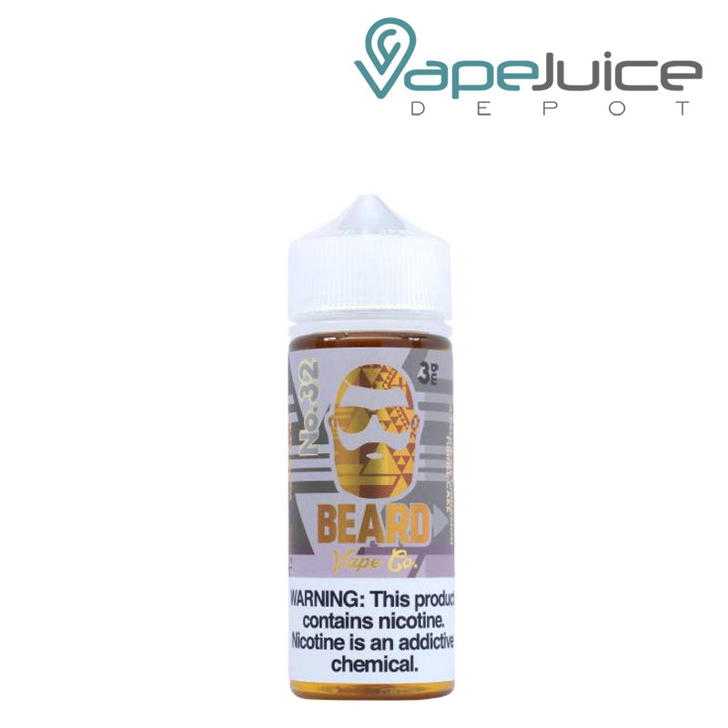 A 120ml bottle of No. 32 Cinnamon Funnel Cake Beard Vape Co with a warning sign - Vape Juice Depot