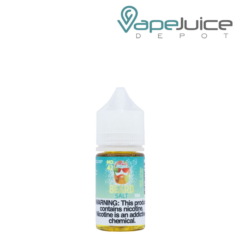 A 30ml bottle of No. 42 Menthol Fruit Cup Beard Salts with a warning sign - Vape Juice Depot