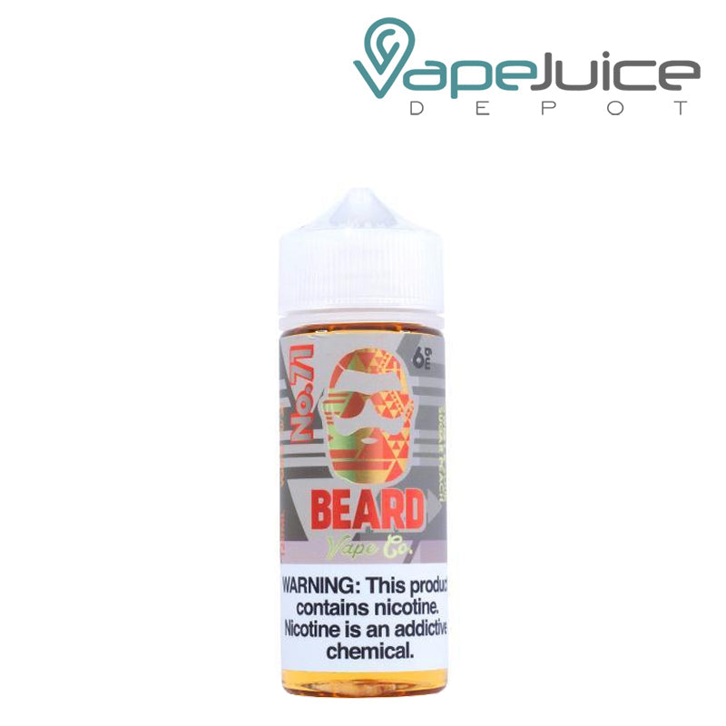 A 120ml bottle of No. 71 Sweet & Sour Sugar Peach Beard Vape Co 6mg with a warning sign - Vape Juice Depot