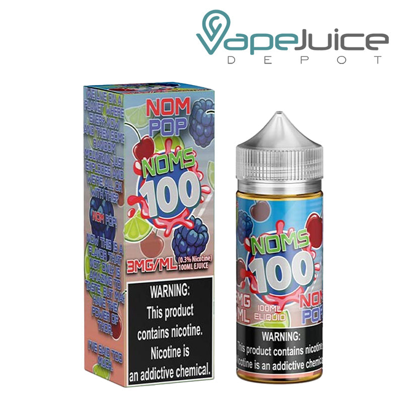 A Box of Nom Pop Noms 100 Series eLiquid with a warning sign next to 100ml bottle - Vape Juice Depot