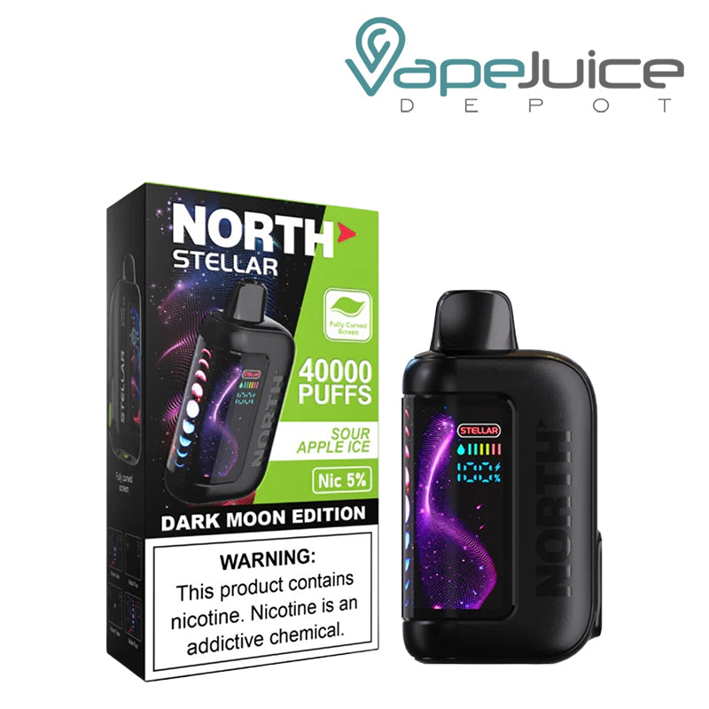 A Box of Sour Apple Ice North Stellar Dark Moon Edition 40K Disposable with a warning sign and a device with HD screen next to it - Vape Juice Depot