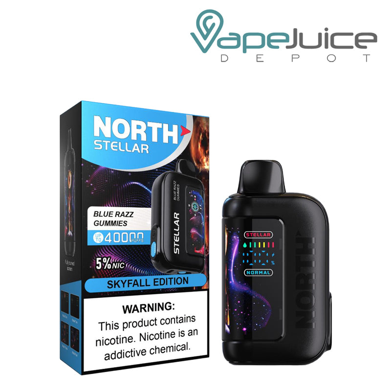 A Box of Blue Razz Gummies North Stellar Dark Moon Edition 40K Disposable with a warning sign and a device with HD screen next to it - Vape Juice Depot