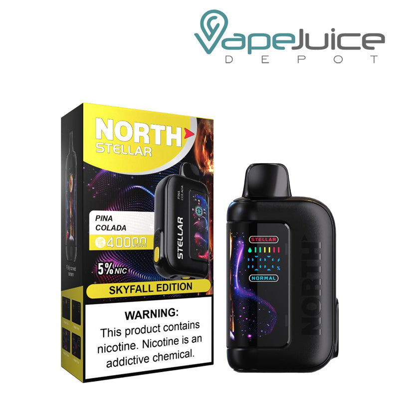 A Box of Pina Colada North Stellar Dark Moon Edition 40K Disposable with a warning sign and a device with HD screen next to it - Vape Juice Depot