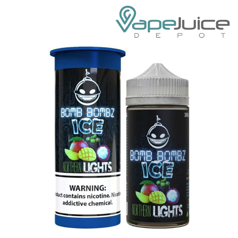 A box of Northern Lights ICE Bomb Bombz eLiquid with a warning sign and a 100ml bottle next to it - Vape Juice Depot