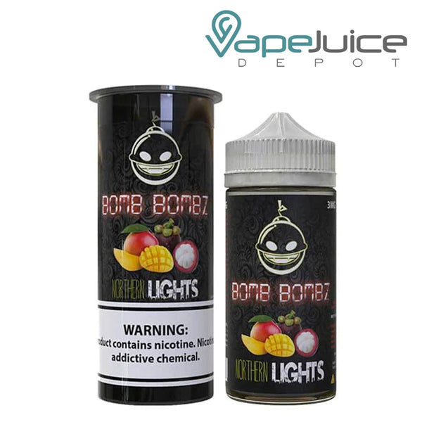 A box of Northern Lights Bomb Bombz with a warning sign and a 100ml bottle next to it - Vape Juice Depot