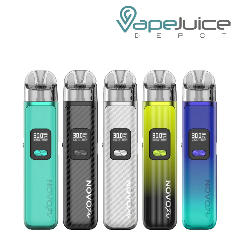 Five Colors of SMOK Novo Pro Pod Kit with an adjustment button - Vape Juice Depot