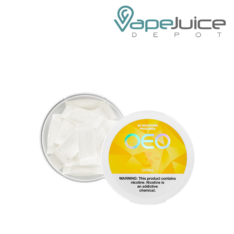 Inside of OEO Citrus Nicotine Pouches with a warning sign - Vape Juice Depot