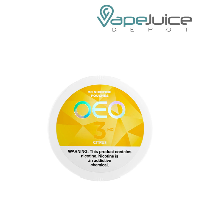 OEO Citrus Nicotine Pouches with a warning sign - Vape Juice Depot