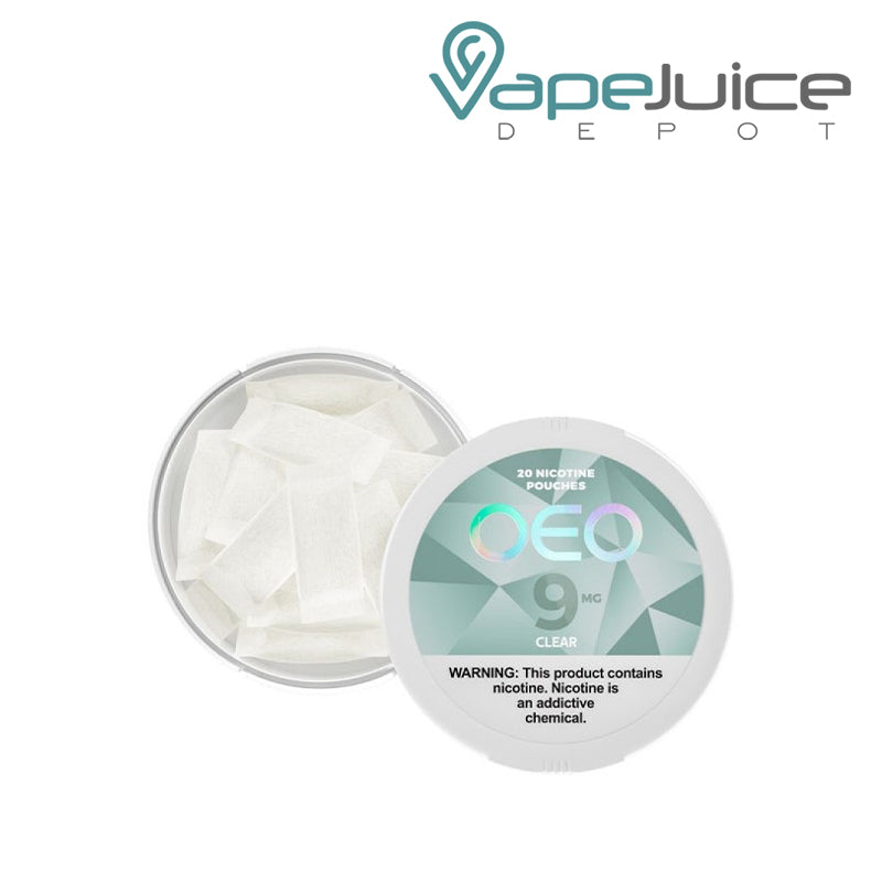 Inside of OEO Clear Nicotine Pouches with a warning sign - Vape Juice Depot