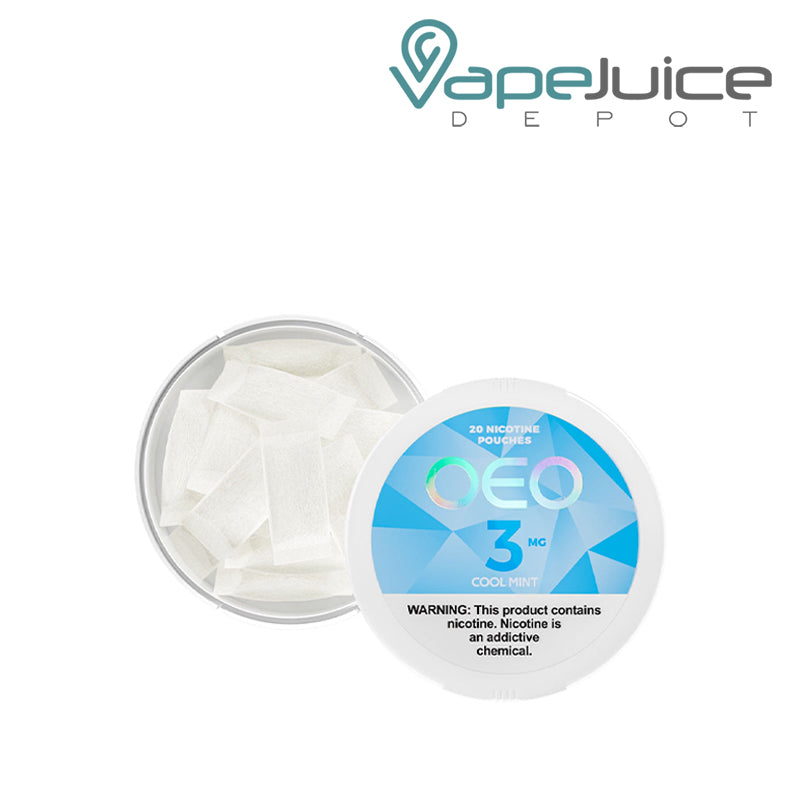 Inside of OEO Cool Mint Nicotine Pouches with a warning sign - Vape Juice Depot