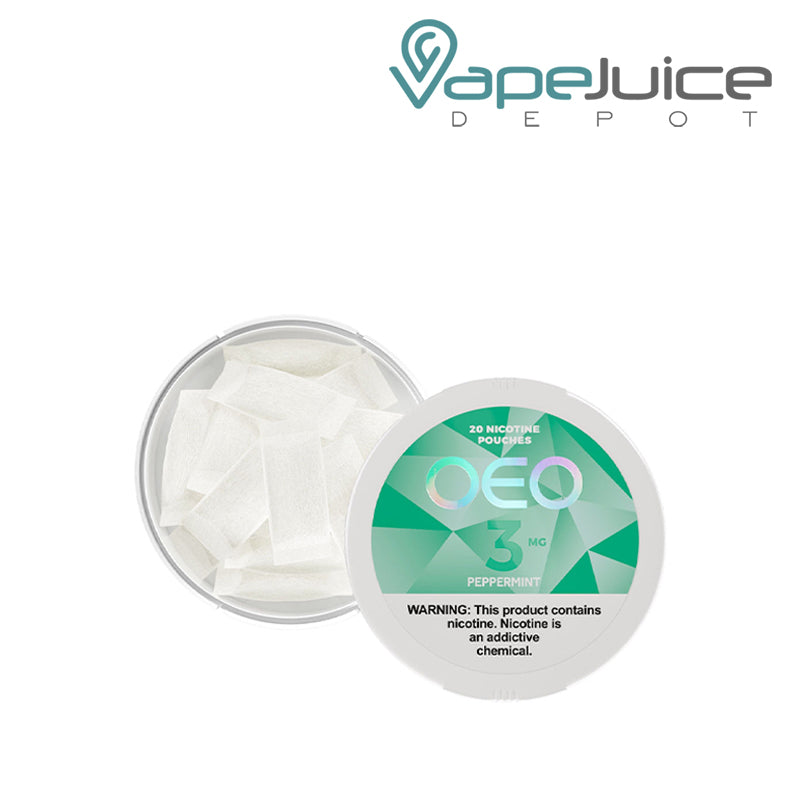 Inside of OEO Peppermint Nicotine Pouches with a warning sign - Vape Juice Depot