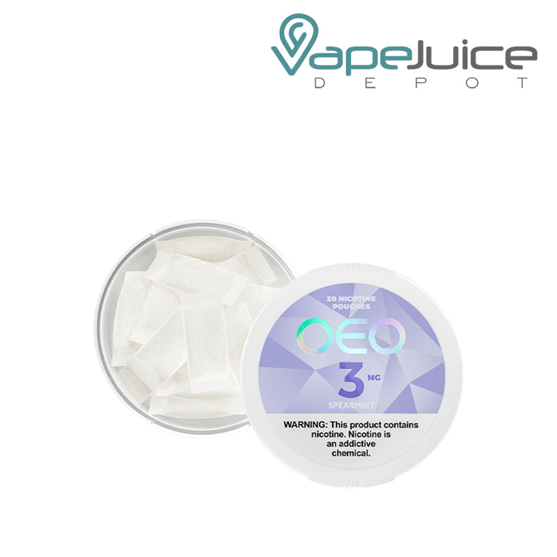 Inside of OEO Spearmint Nicotine Pouches with a warning sign - Vape Juice Depot