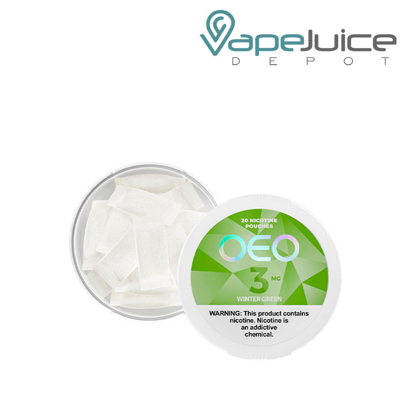 Inside of OEO Wintergreen Nicotine Pouches with a warning sign - Vape Juice Depot