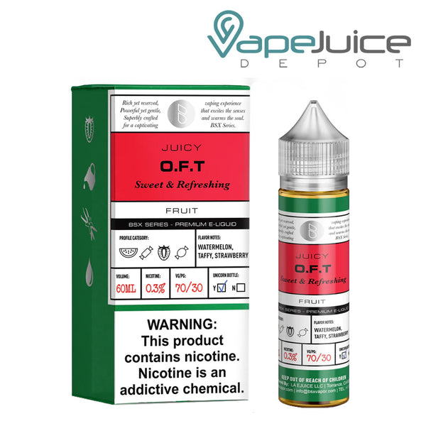 A box of OFT Glas Basix TFN eLiquid with a warning sign and a 60ml bottle next to it - Vape Juice Depot