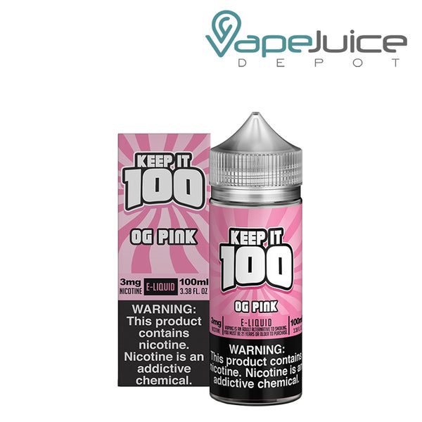 A box of OG Pink Keep it 100 eLiquid with a warning sign and a 100ml bottle next to it - Vape Juice Depot