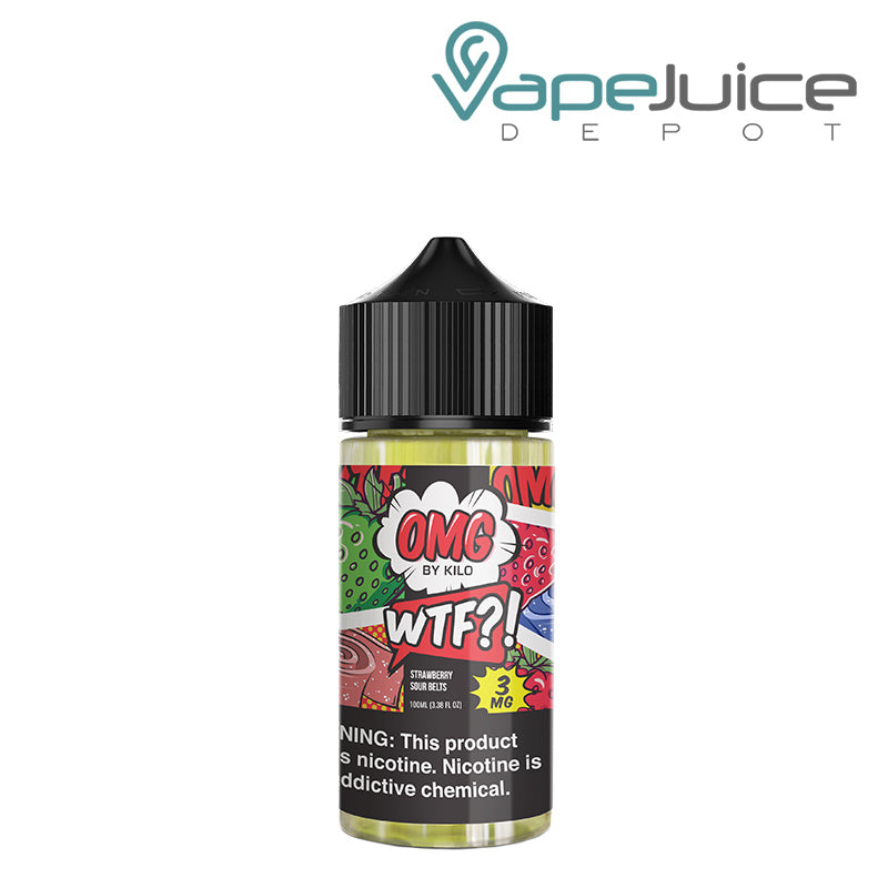 A 100ml bottle of WTF Strawberry Sour Belts OMG eLiquid with a warning sign - Vape Jucie Depot