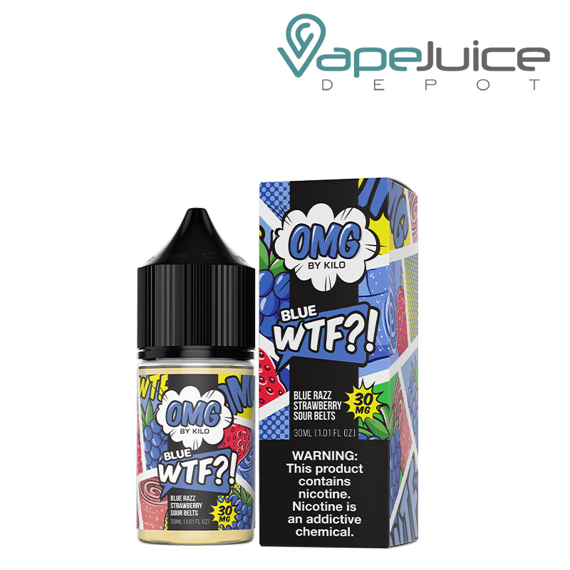 A 30ml bottle of Blue WTF Blue Razz Strawberry Sour Belts OMG Salt with a warning sign - Vape Juice Depot