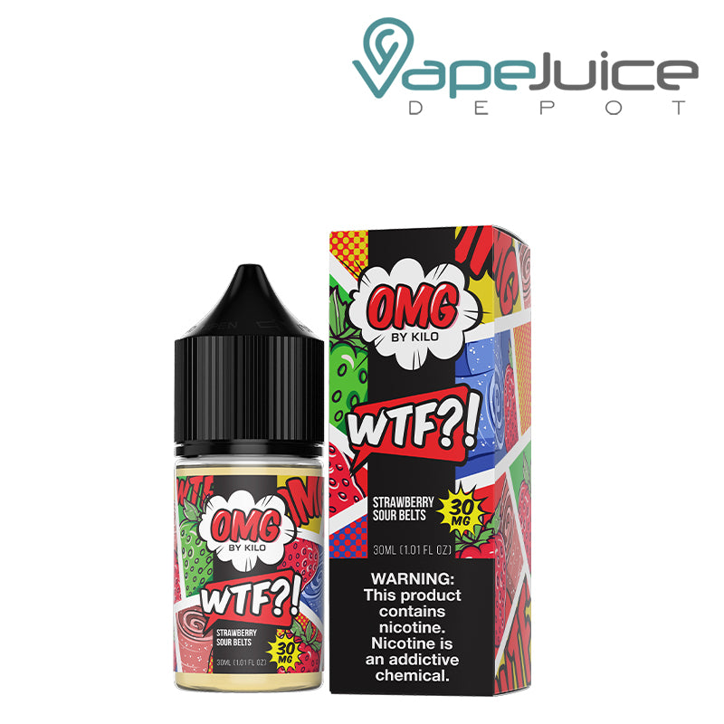 A 30ml bottle of WTF Strawberry Sour Belts OMG Salt with a warning sign - Vape Juice Depot