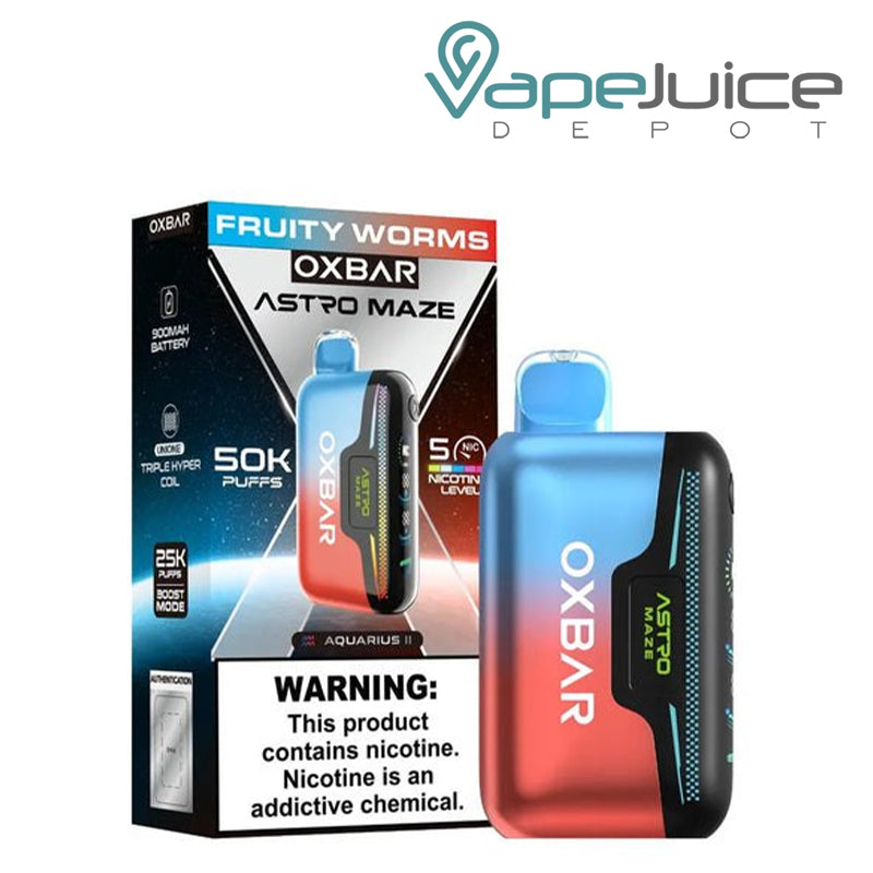 A Box of Fruity Worms OXBAR Astro Maze 50K Disposable with a warning sign and a device next to it - Vape Juice Depot
