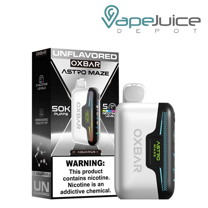 A Box of OXBAR Astro Maze 50K Unflavored Disposable with a warning sign and a device next to it - Vape Juice Depot