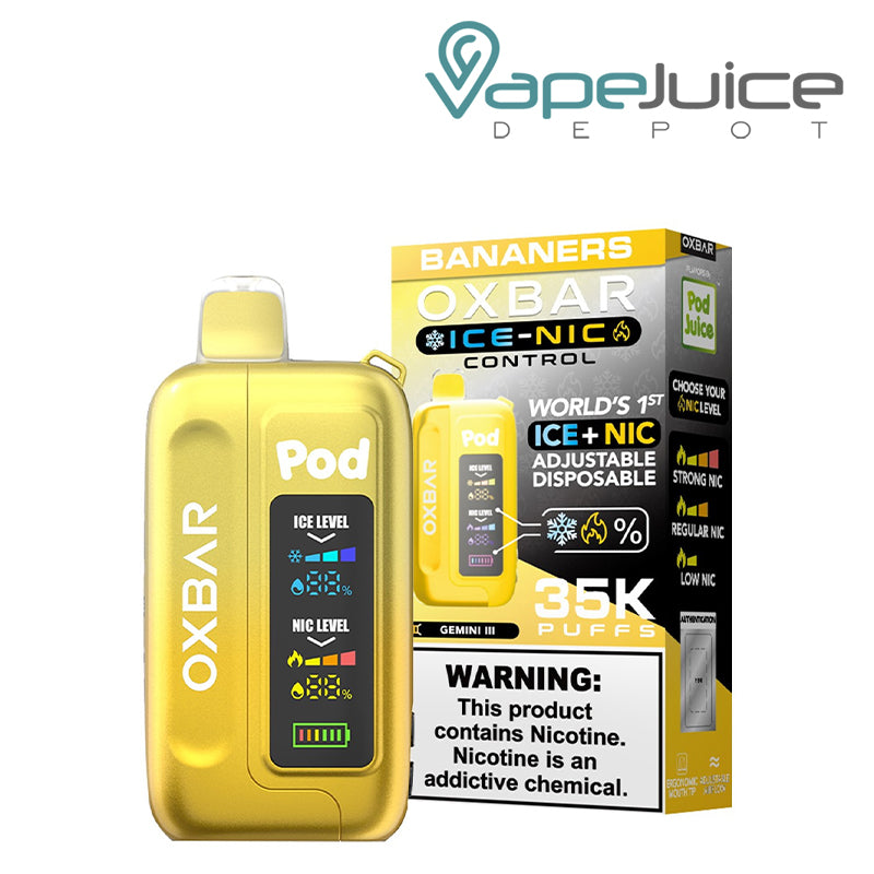 Bananers OXBAR Ice-Nic Control 35K Disposable with display screen and a box with a warning sign next to it - Vape Juice Depot