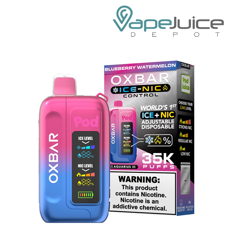 Blueberry Watermelon OXBAR Ice-Nic Control 35K Disposable with display screen and a box with a warning sign next to it - Vape Juice Depot