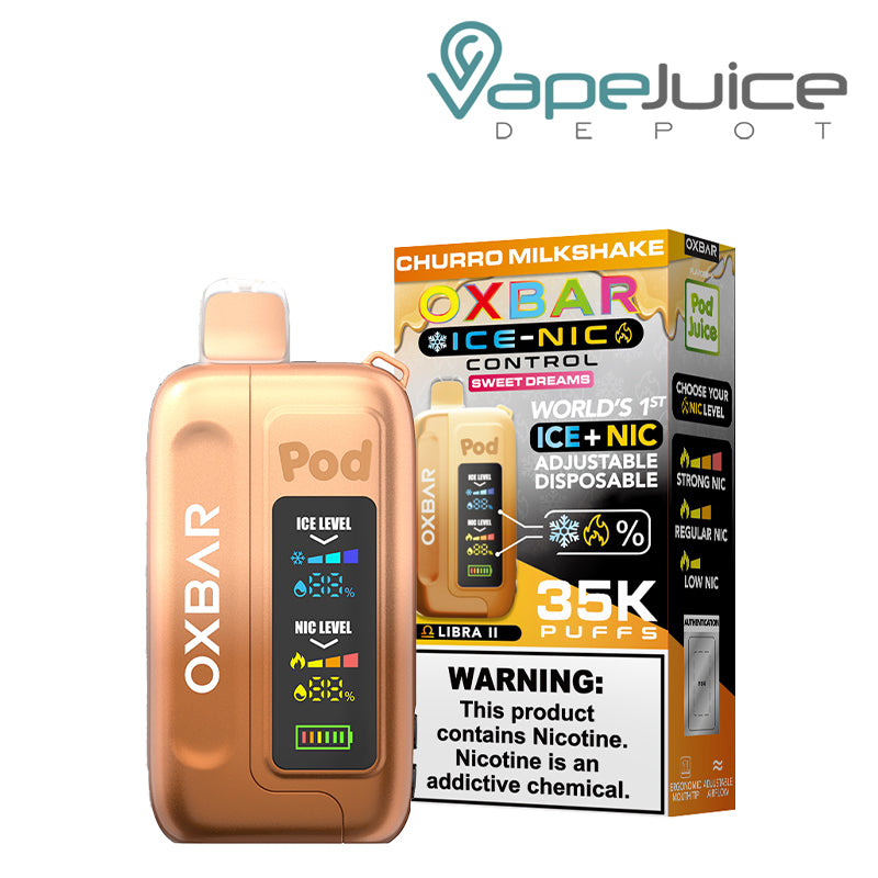 Churro Milkshake OXBAR Ice-Nic Control 35K Disposable with display screen and a box with a warning sign next to it - Vape Juice Depot