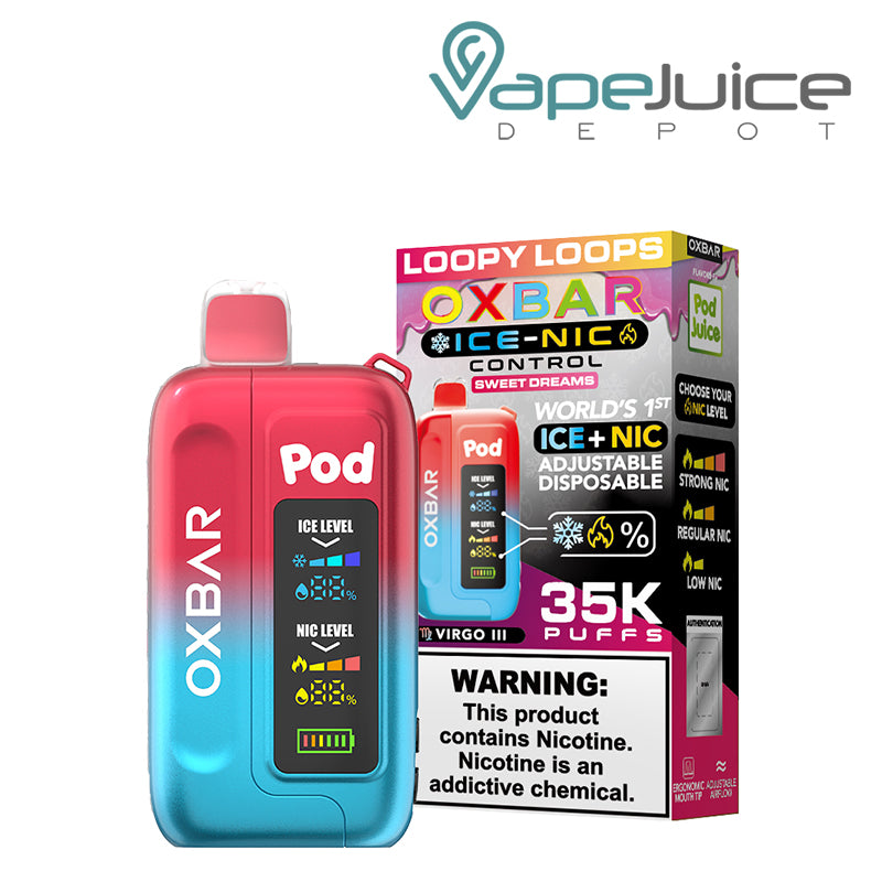 Loopy Loops OXBAR Ice-Nic Control 35K Disposable with display screen and a box with a warning sign next to it - Vape Juice Depot