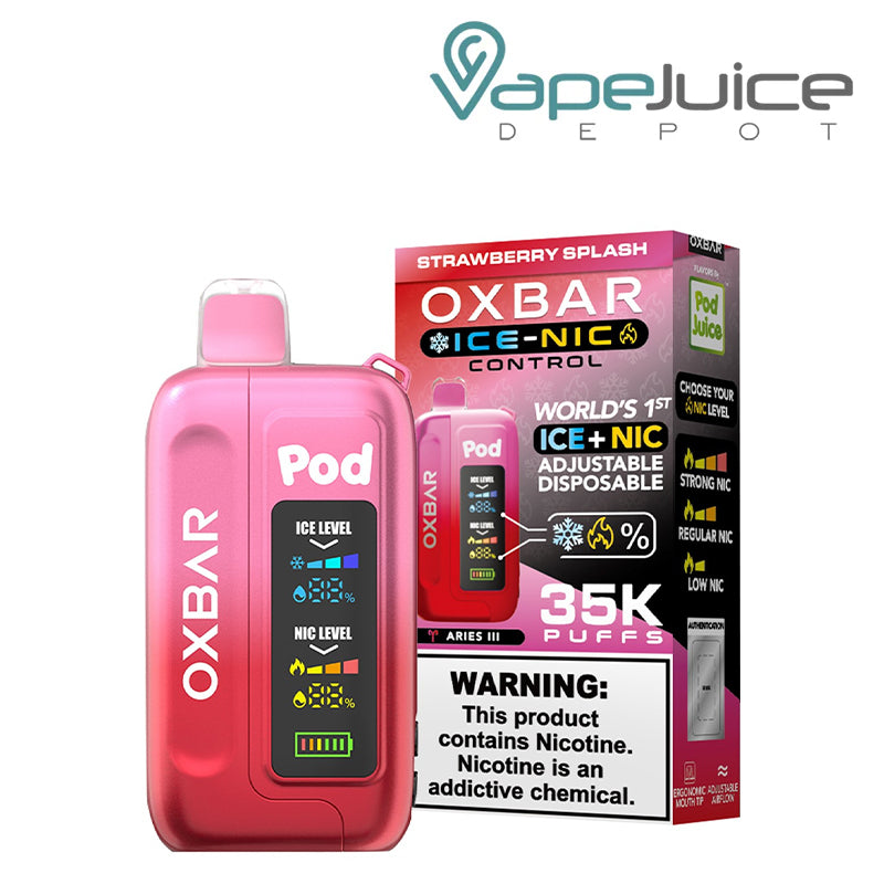 Strawberry Splash OXBAR Ice-Nic Control 35K Disposable with display screen and a box with a warning sign next to it - Vape Juice Depot