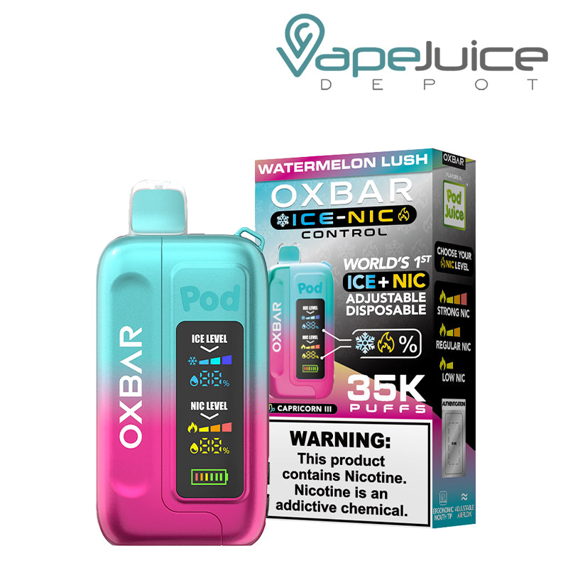 Watermelon Lush OXBAR Ice-Nic Control 35K Disposable with display screen and a box with a warning sign next to it - Vape Juice Depot