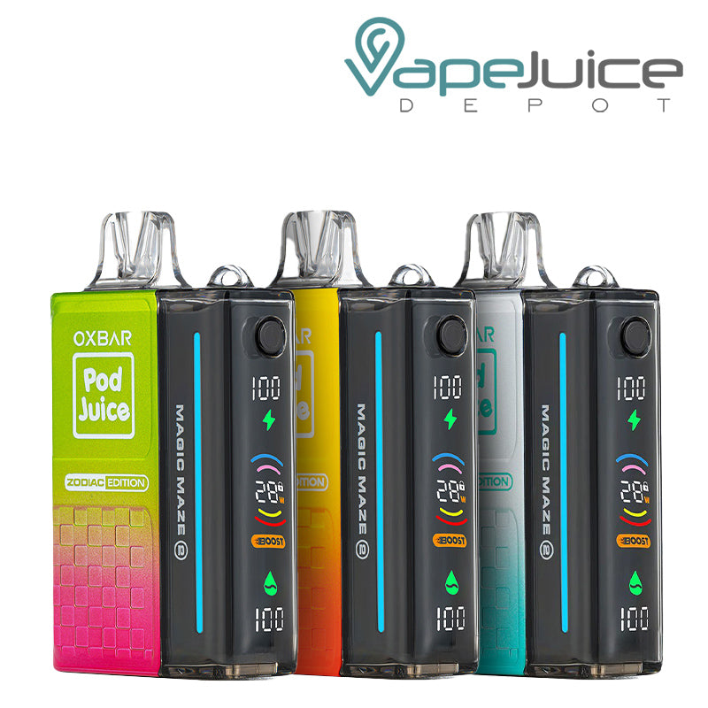 Three Flavors of OXBAR Magic Maze 2.0 Zero Nicotine Pod Juice 30K Disposable with Firing Button and Smart LED Screen - Vape Juice Depot