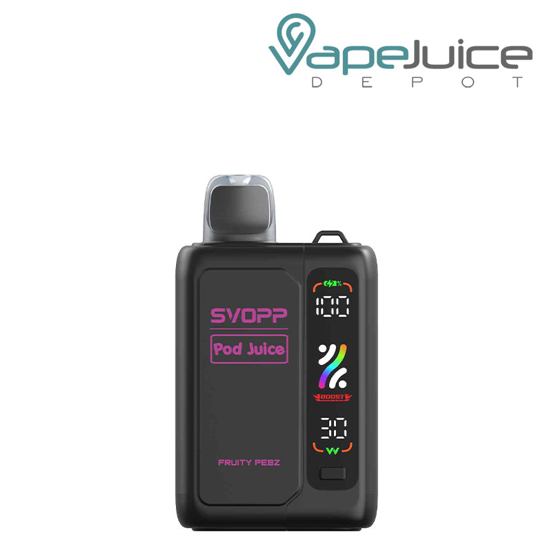 Fruity Pebz OXBAR x Pod Juice SVOPP 30000 Disposable Kit showing its digital screen and button on the battery attached - Vape Juice Depot