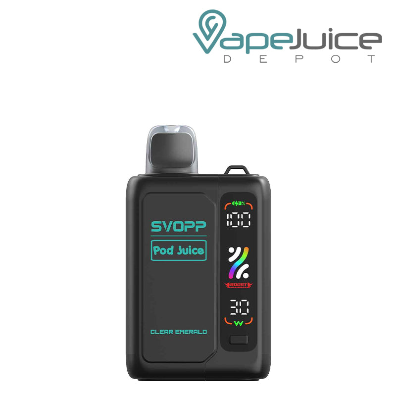 Clear Emerald OXBAR x Pod Juice SVOPP 30000 Disposable Kit showing its digital screen and button on the battery attached - Vape Juice Depot