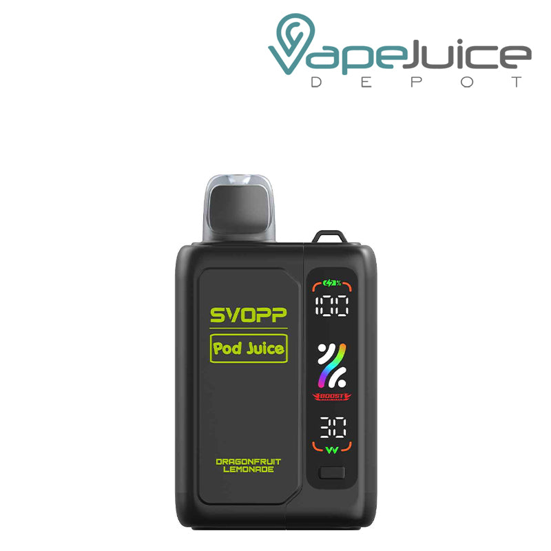 Dragonfruit Lemonade OXBAR x Pod Juice SVOPP 30000 Disposable Kit showing its digital screen and button on the battery attached - Vape Juice Depot