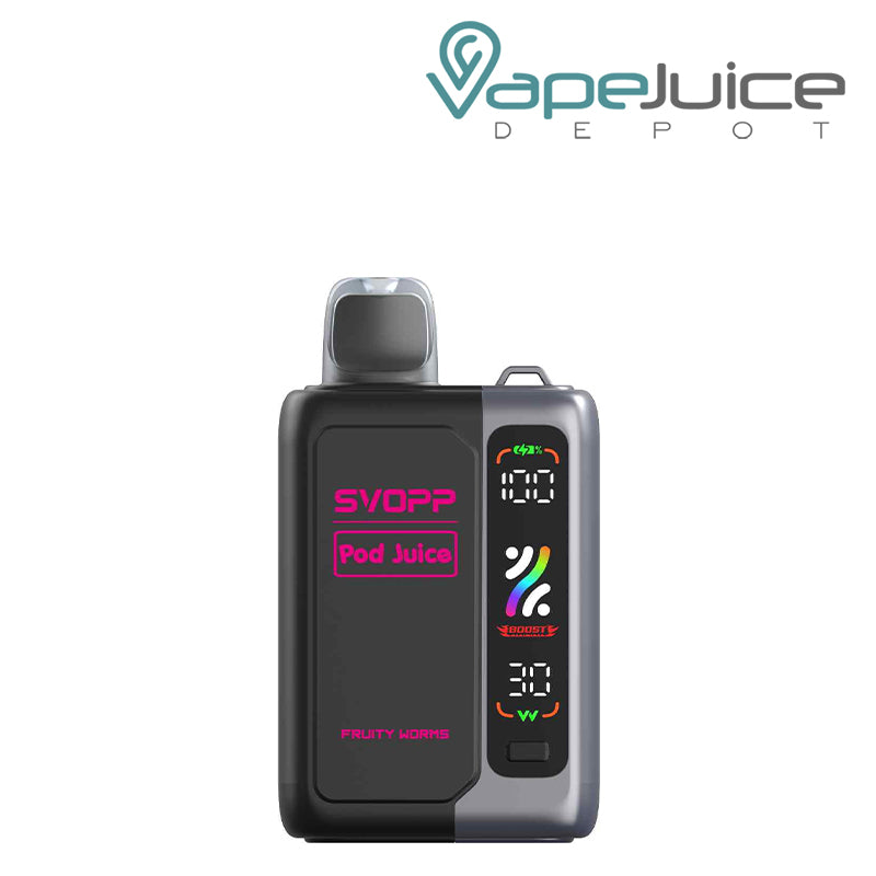 Fruity Worms OXBAR x Pod Juice SVOPP 30000 Disposable Kit showing its digital screen and button on the battery attached - Vape Juice Depot