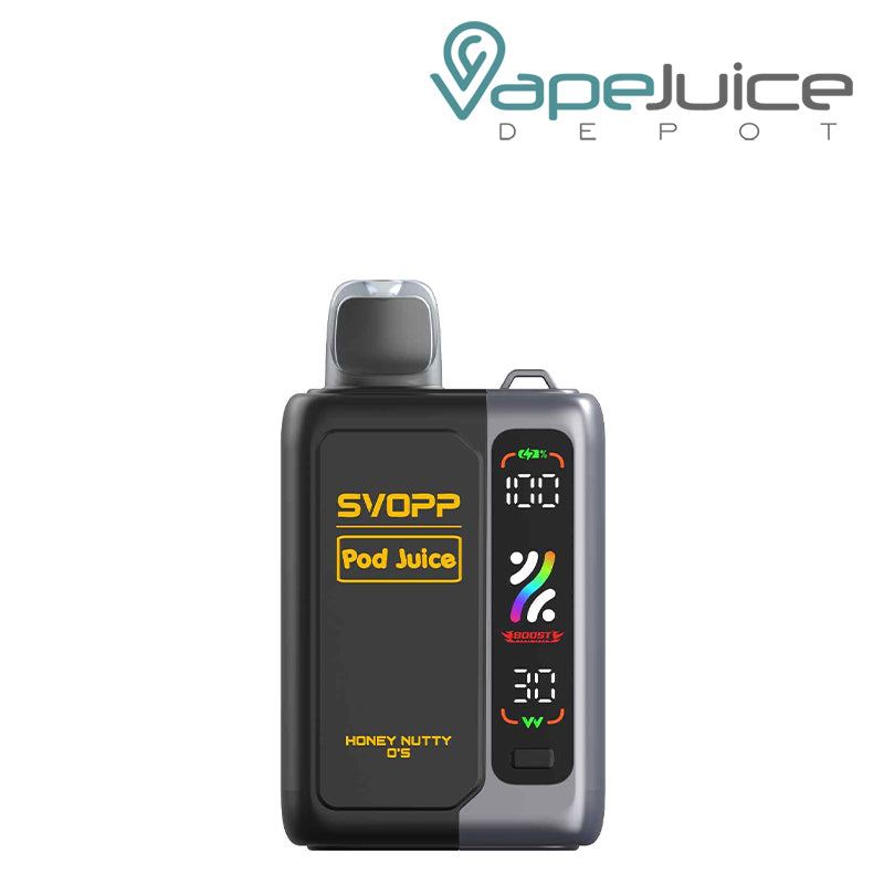 Honey Nutty O's OXBAR x Pod Juice SVOPP 30000 Disposable Kit showing its digital screen and button on the battery attached - Vape Juice Depot