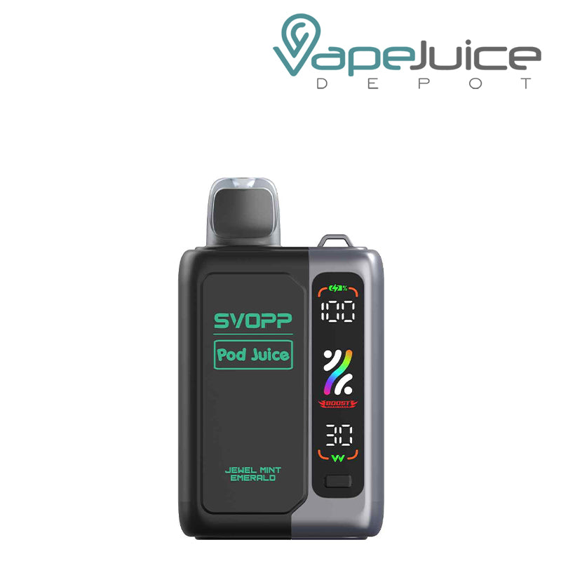 Jewel Mint Emerald OXBAR x Pod Juice SVOPP 30000 Disposable Kit showing its digital screen and button on the battery attached - Vape Juice Depot