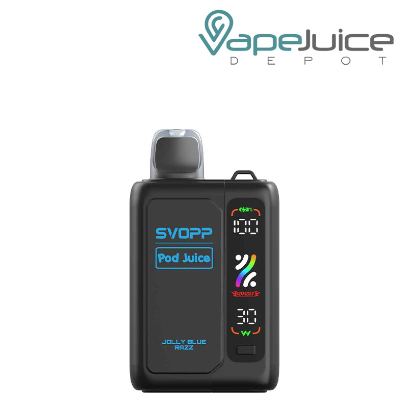 Jolly Blue Razz OXBAR x Pod Juice SVOPP 30000 Disposable Kit showing its digital screen and button on the battery attached - Vape Juice Depot