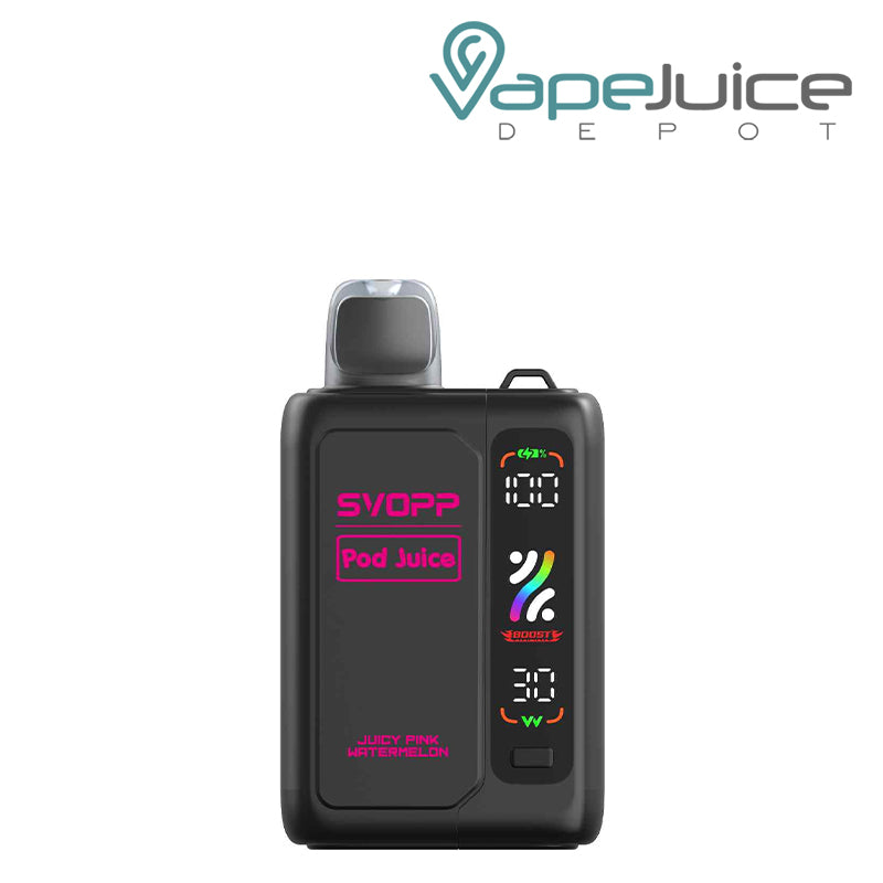 Juicy Pink Watermelon OXBAR x Pod Juice SVOPP 30000 Disposable Kit showing its digital screen and button on the battery attached - Vape Juice Depot