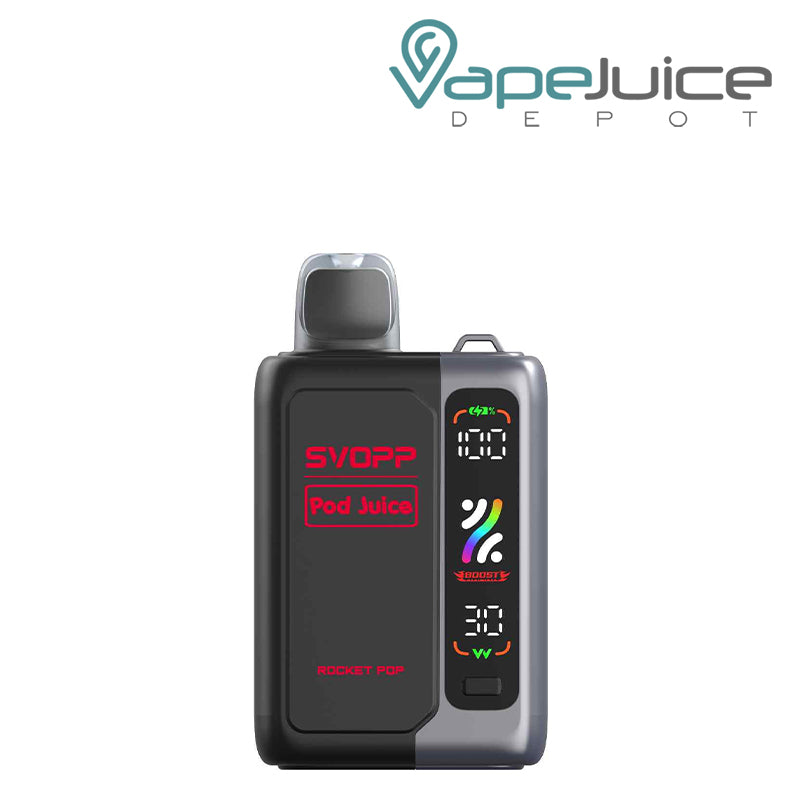 Rocket Pop OXBAR x Pod Juice SVOPP 30000 Disposable Kit showing its digital screen and button on the battery attached - Vape Juice Depot