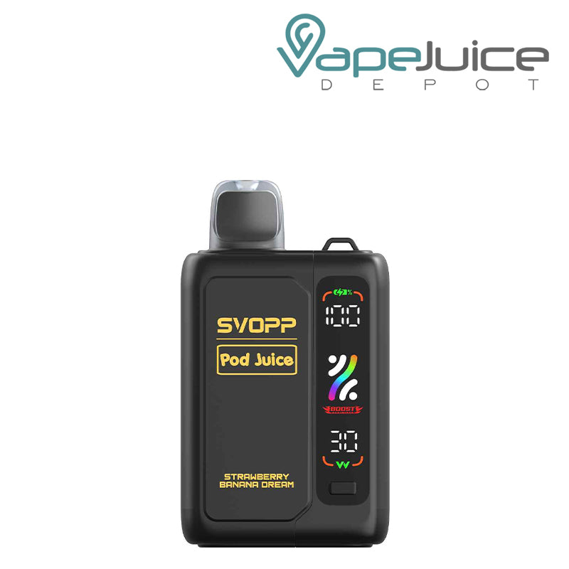 Banana Dream OXBAR x Pod Juice SVOPP 30000 Disposable Kit showing its digital screen and button on the battery attached - Vape Juice Depot