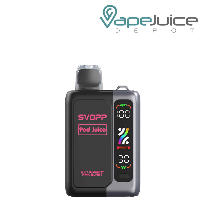 Strawberry Pink Burst OXBAR x Pod Juice SVOPP 30000 Disposable Kit showing its digital screen and button on the battery attached - Vape Juice Depot