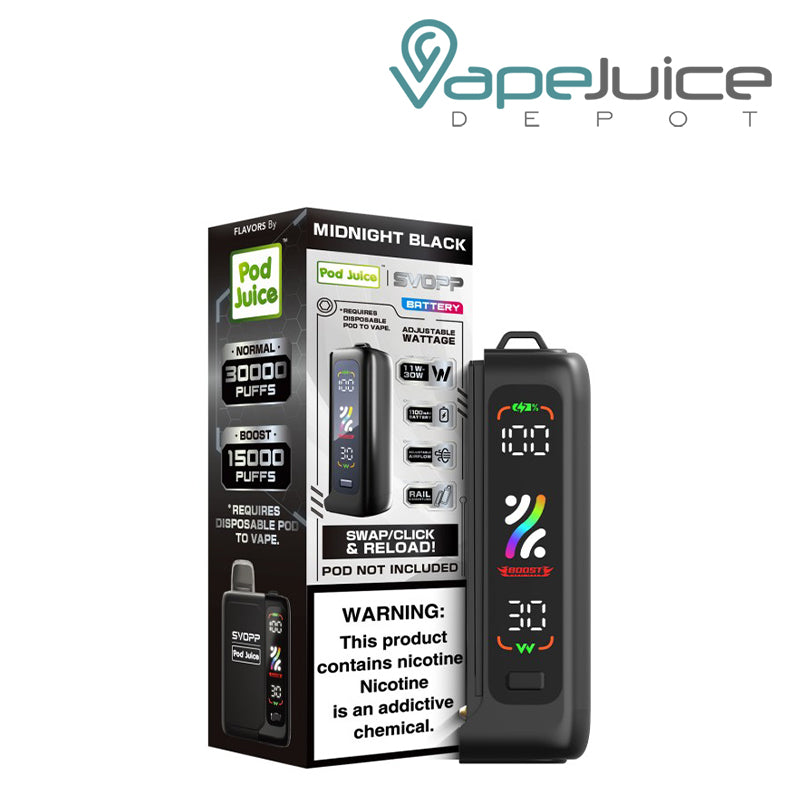 OXBAR x Pod Juice SVOPP Battery Box with a warning sign next to the midnight black device with a digital screen - Vape Juice Depot