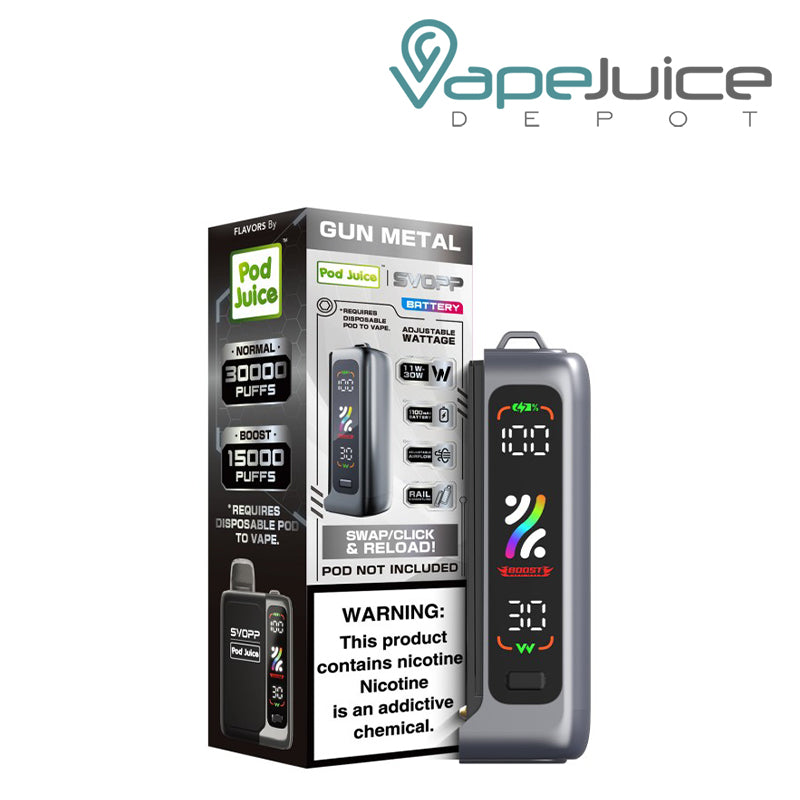 OXBAR x Pod Juice SVOPP Battery Box with a warning sign next to the gun metal device with a digital screen - Vape Juice Depot