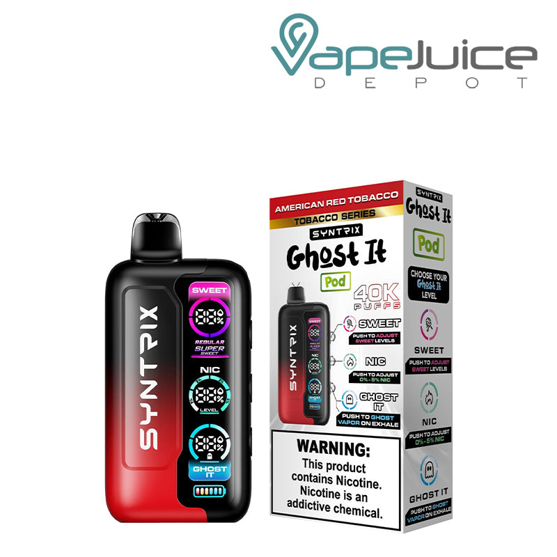 American Red Tobacco OXBAR SYNTRIX Ghost It 40K Disposable and a box with a warning sign next to it - Vape Juice Depot
