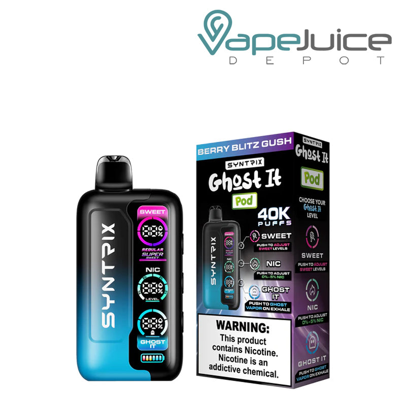 Berry Blitz Gush OXBAR SYNTRIX Ghost It 40K Disposable and a box with a warning sign next to it - Vape Juice Depot