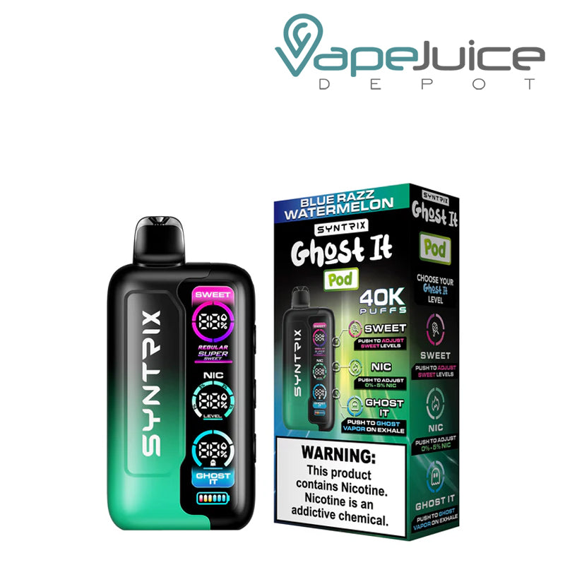 Blue Razz Watermelon OXBAR SYNTRIX Ghost It 40K Disposable and a box with a warning sign next to it - Vape Juice Depot
