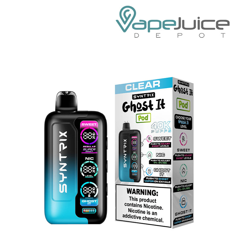 Clear OXBAR SYNTRIX Ghost It 40K  Disposable and a box with a warning sign next to it - Vape Juice Depot