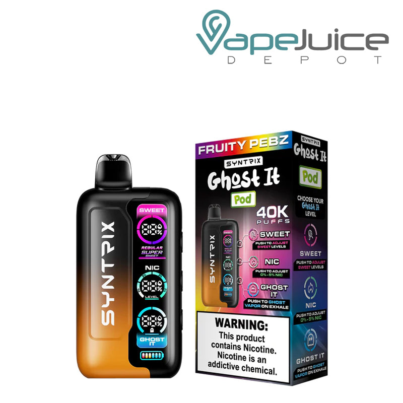 Fruity Pebz OXBAR SYNTRIX Ghost It 40K Disposable and a box with a warning sign next to it - Vape Juice Depot