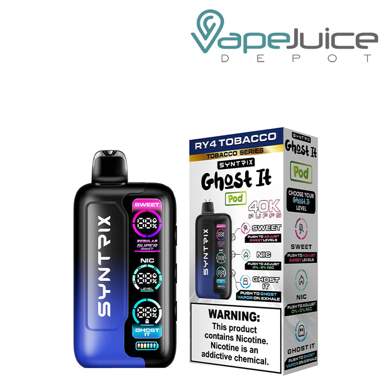RY4 Tobacco OXBAR SYNTRIX Ghost It 40K Disposable and a box with a warning sign next to it - Vape Juice Depot